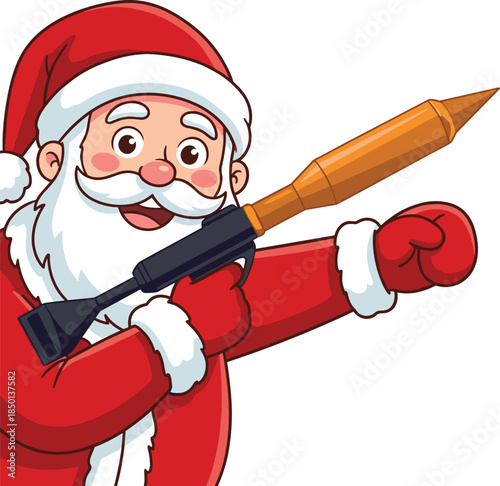 Santa Claus with a rocket launcher in a playful pose on a white background Christmas holiday