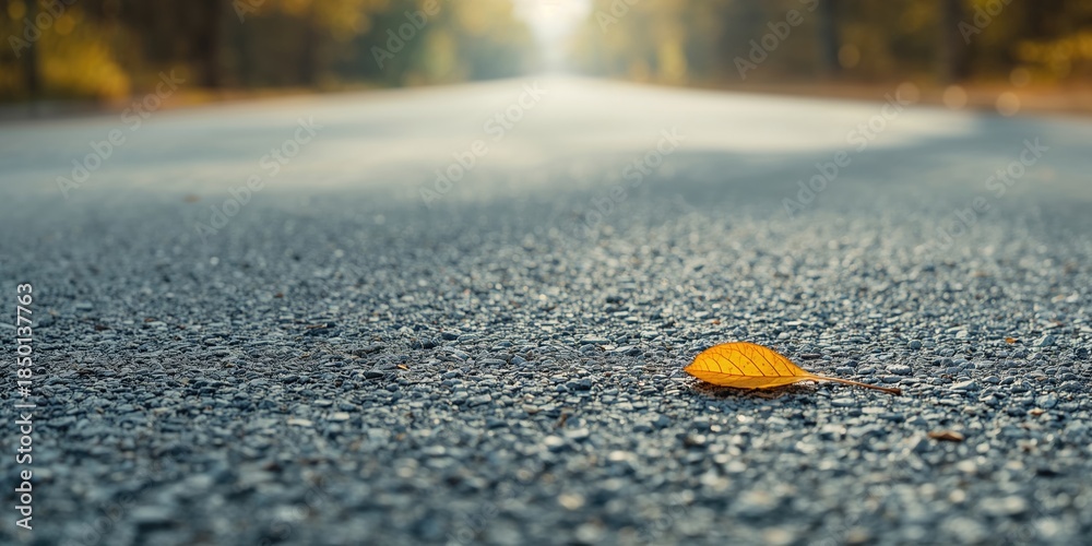 Obraz premium Text layout background featuring a textured grey asphalt with a yellow leaf in the corner, ideal for editorial design, autumn