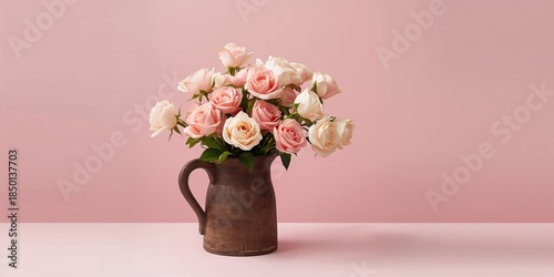 Pink and white roses flowers on pink background, suitable for holiday greeting cards, with space for text, Valentine's Day and Women's Day