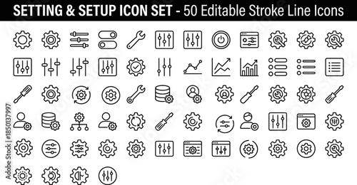  Setting & Setup icon set. Containing Configuration, option, settings, control , and more. editable stroke. vector illustration 