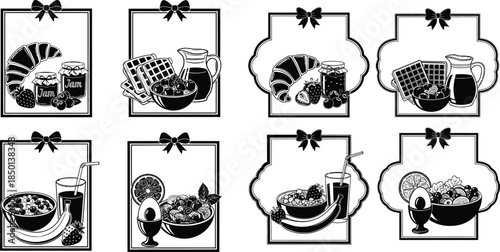 Black and white breakfast icons set with fruit, cereal, and pastries in decorative frames
