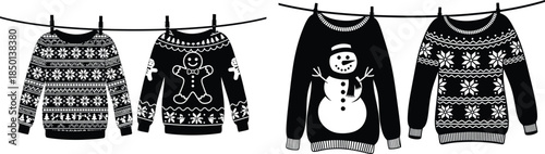 Black and white Christmas sweaters with snowman, gingerbread man hanging on clothesline design
