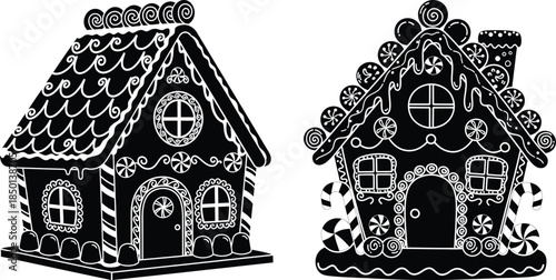 Black and white gingerbread house vectors with candy decorations for holiday crafting, line art