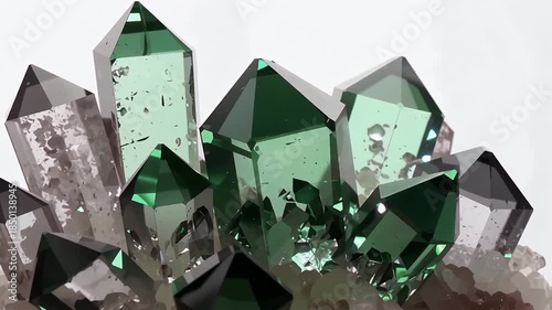 Cluster of Green Emerald Crystals Shines Under Light.