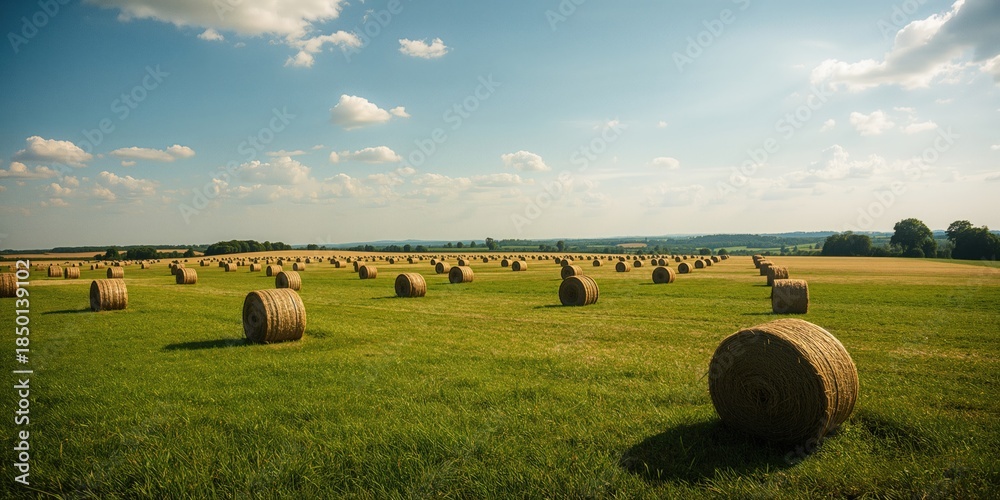 Naklejka premium Rural landscape during daytime featuring low clouds, cut grass, and rolled hay bales for fodder, seasonal farming practice