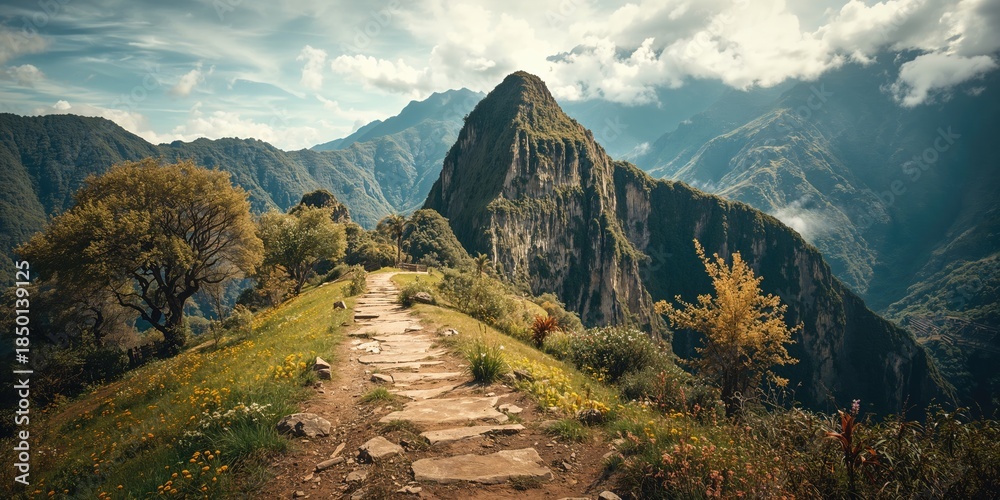 Obraz premium Path ascending a mountain in Machupicchu, emphasizing outdoor exploration and rugged terrain