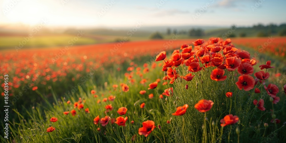 Naklejka premium Poppy flowers in a spring landscape illustrating seasonal bloom and natural renewal, spring floral scenery