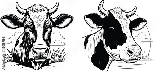 Black and white illustration of two cow heads with farm meadow, etching style