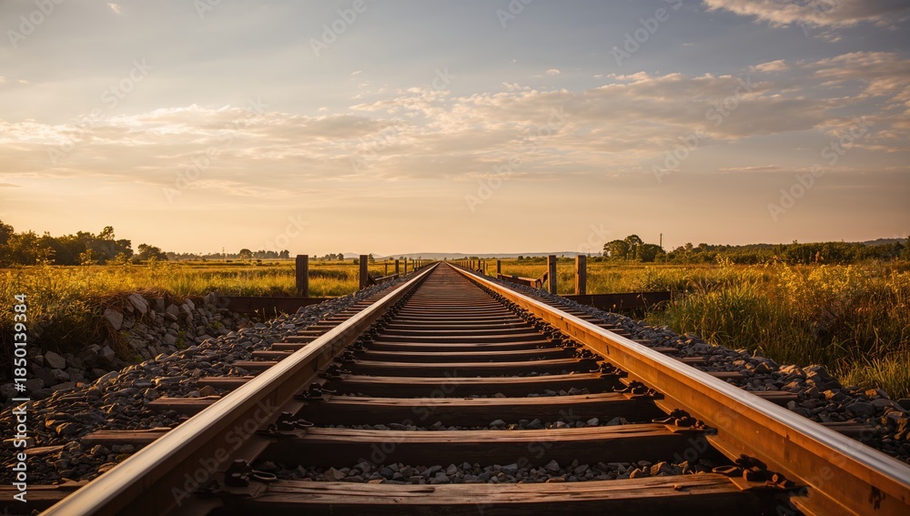 Fototapeta premium Old metal railway track for train background, emphasizing infrastructure preservation in industrial setting