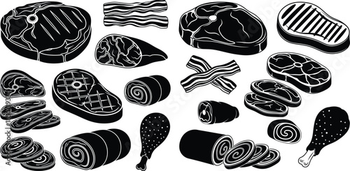 Black and white illustration showcasing various raw meat cuts, including bacon and steak