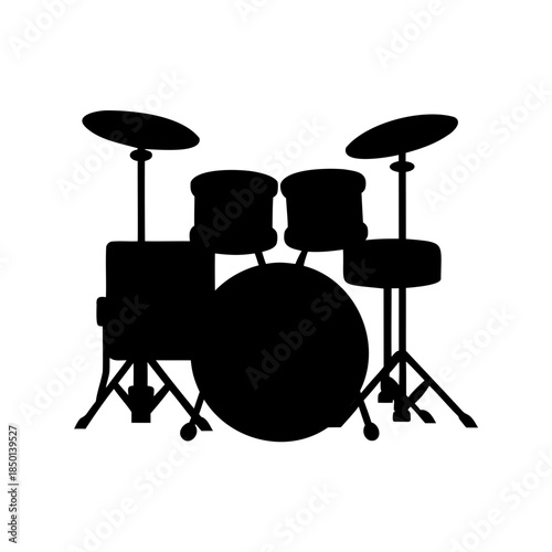 Black silhouette of a drum set and musical instruments on white