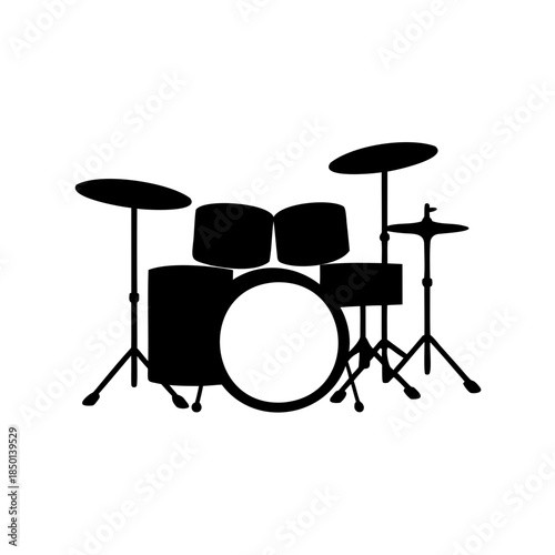 Detailed silhouette illustration of a complete drum kit with cymbal stand
