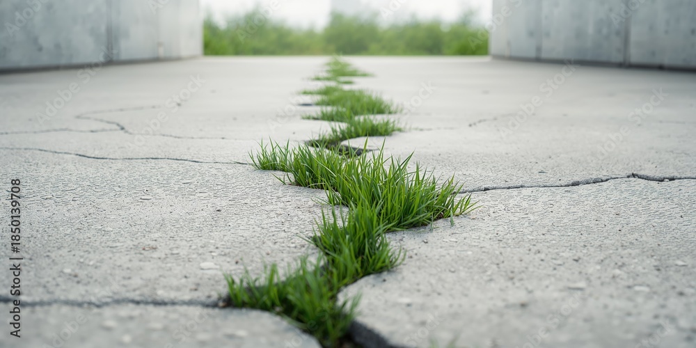 Obraz premium White cement surface with overgrown grass and weeds, abstract texture for layout backgrounds, Earth Day