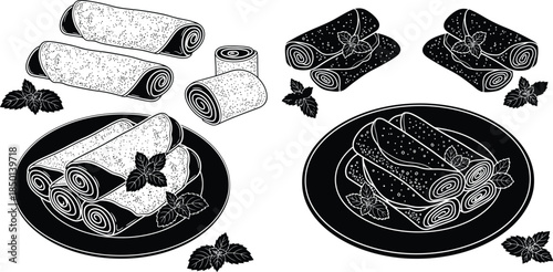 Black and white rolled pancakes with mint leaves served on plate in linear style