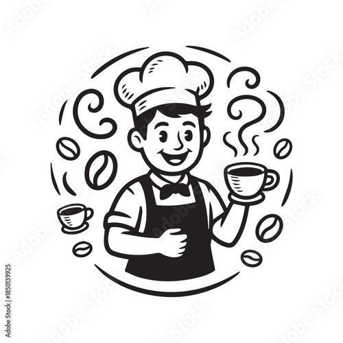 Vintage Style Coffee Barista Mascot Logo in Black and White Line Art