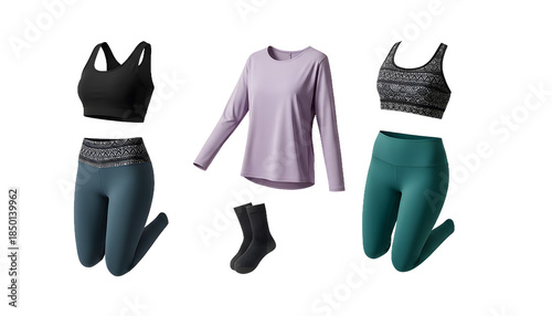 QSet of floating women activewear including sports bra leggings and long sleeve shirt isolated on a transparent background