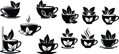 Black cup with green leaves icon set, organic herbal tea concept symbols