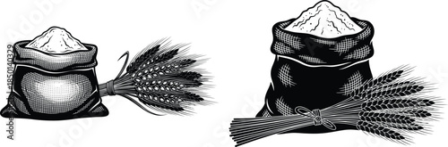 Black drawing of flour sack with wheat sheaf, vintage style harvest elements