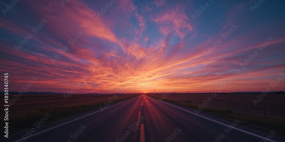 Obraz premium Asphalt road illuminated by a sunset with a deep blue sky, suitable as a background for travel or navigation themes