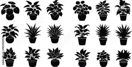 Black houseplant silhouettes, assorted potted plants illustration, botanical collection, decorative minimalist style