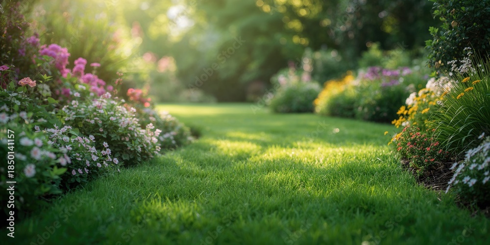 Obraz premium Scenic view of a lush green grass pathway winding through a vibrant flower garden, ideal for outdoor relaxation and leisure, Earth Day