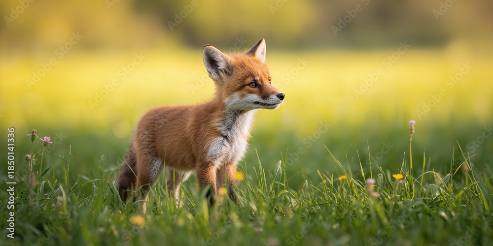 Fototapeta premium Red fox juvenile in a grassy field, exploring its surroundings, wildlife habitat preservation