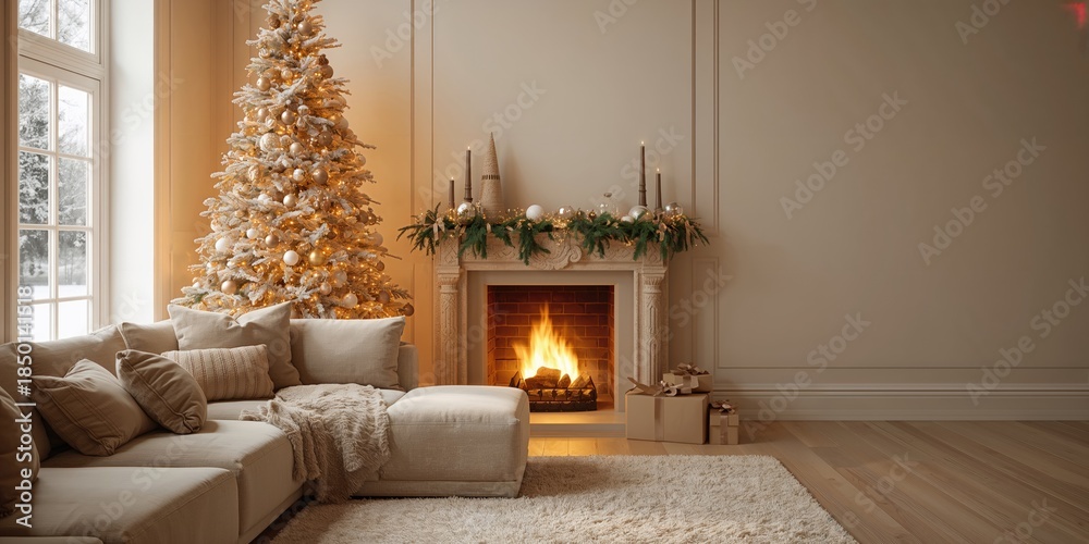Obraz premium Cozy lounge featuring decorated Christmas tree, wrapped gifts, fireplace, and twinkling lights, seasonal celebration