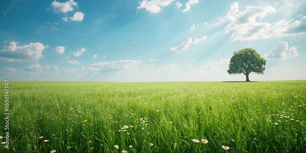 Naklejka premium Natural landscape with lush grass and clear sky, ideal for environmental visuals