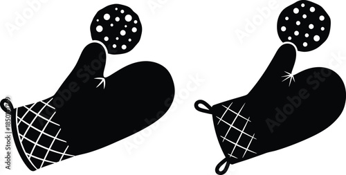 Black oven mitts holding a spotted cookie in simple style, side perspective
