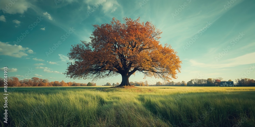 Naklejka premium Old oak tree with vibrant fall leaves, highlighting seasonal transition