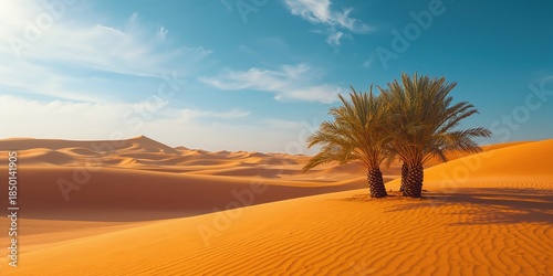 Palm trees and sand dunes form an oasis landscape, highlighting natural groundwater sources in desert regions