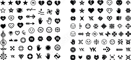 Black set of diverse flat icons including stars, hearts, hands, and arrows