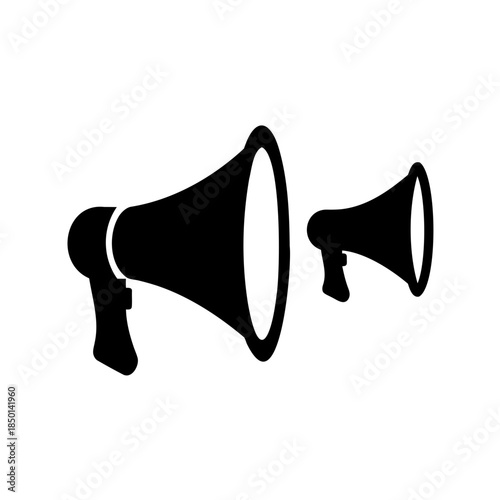 Two black megaphone icons representing announcements, alerts and public speaking events