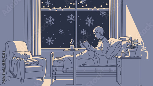 Patient finds quiet comfort reading a book by a snowy window with holiday lights in a muted room