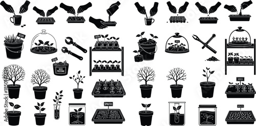 Black silhouette illustrations showing planting seeds and sprouts in pots and trays, isolated