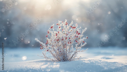 Snow-laden dog roses and icy forest backdrop creating a winter landscape, highlighting seasonal transition