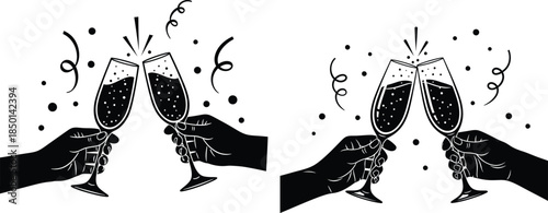 Black silhouette of hands toasting champagne glasses with bubbles and confetti, celebration graphic
