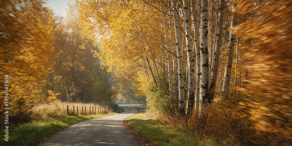 Obraz premium Rural country road bordered by Dutch birch trees during autumn, highlighting natural preservation