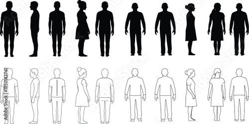Black silhouette outlines of front, back, side views of men and women set for design