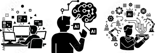 Figures interacting with computers, AI brain, and robotic arms in a digital environment artificial intelligence