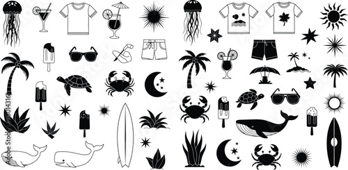 Black summer vacation set, simple beach icons, holiday silhouette illustrations