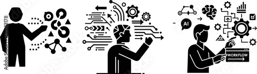 Figures interacting with data networks, AI brain, and workflow management artificial intelligence