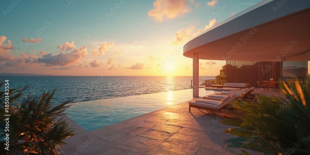 Naklejka premium Sea-facing villa terrace focusing on architectural preservation and ocean scenery