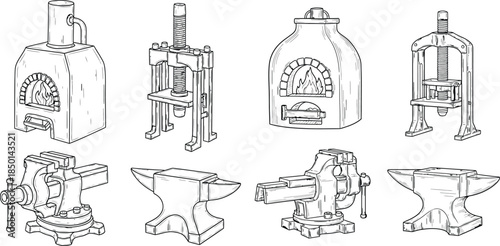 Blacksmith Tools Anvil, Forge, and Vise, HandDrawn Style Illustration, Suitable for Black and White Designs