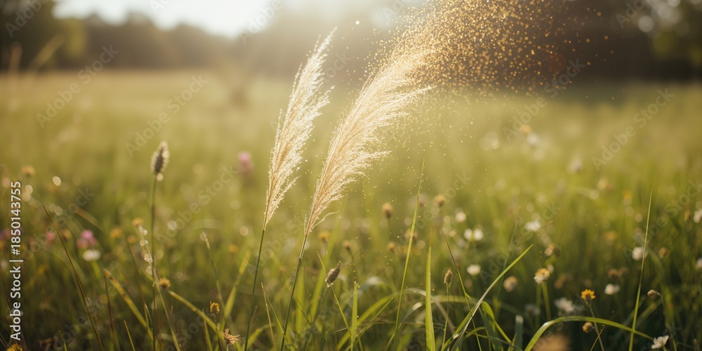 Naklejka premium Grass pollen released from cocks foot grass in outdoor environment, allergy considerations