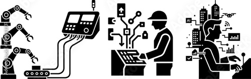 Industrial automation robot arms control panel and smart city A I integration factory technology