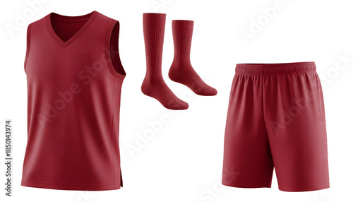 Red basketball uniform set including jersey shorts and socks isolated on a transparent background