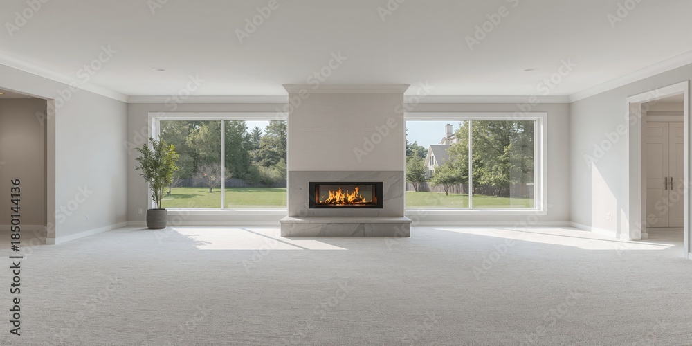 Obraz premium Spacious living room with large windows and walkout basement offering scenic views, suitable for interior design layout planning