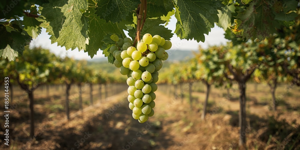 Fototapeta premium Immature green grapes on a tree in a modern vineyard setting, highlighting early development during the growing season