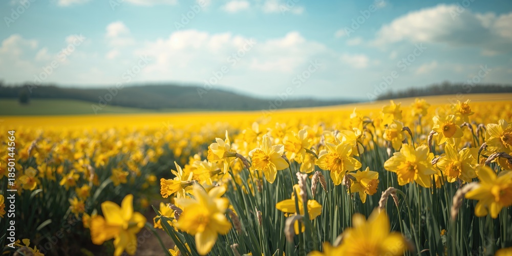 Fototapeta premium Daffodils in full bloom across lush fields, ideal for nature-themed layouts or seasonal decor